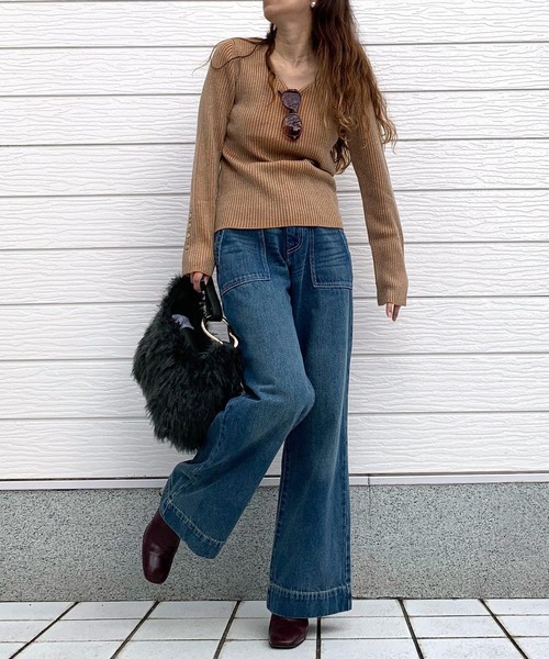 【セール】リブリブVネックニット（ニット/セーター）｜Q（キュー）