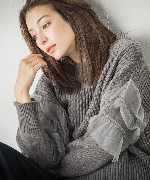 【セール】チュールドッキングピーチヤーンニットプルオーバー≪手洗い可能≫（ニット/セーター）｜ketty（ケティ）
