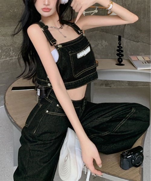 kirakiraShop（キラキラショップ）の「サスペンダー風 デニム セットアップ（サロペット/オーバーオール・レディース・ブラック・S/M）」の3枚目の写真