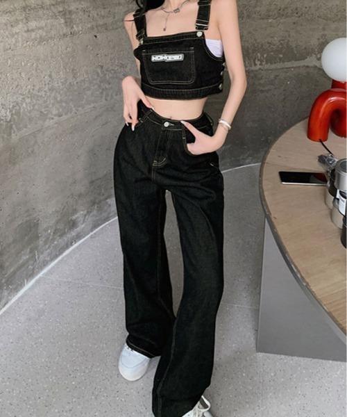 kirakiraShop（キラキラショップ）の「サスペンダー風 デニム セットアップ（サロペット/オーバーオール・レディース・ブラック・S/M）」の8枚目の写真