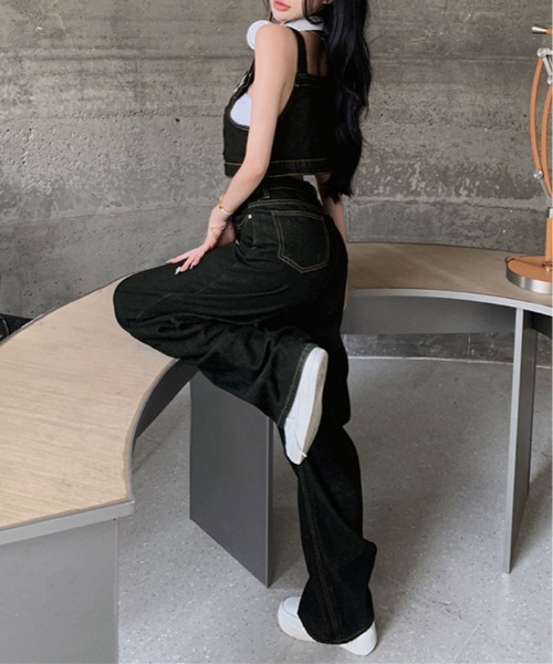 kirakiraShop（キラキラショップ）の「サスペンダー風 デニム セットアップ（サロペット/オーバーオール・レディース・ブラック・S/M）」の12枚目の写真