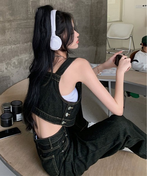 kirakiraShop（キラキラショップ）の「サスペンダー風 デニム セットアップ（サロペット/オーバーオール・レディース・ブラック・S/M）」の6枚目の写真