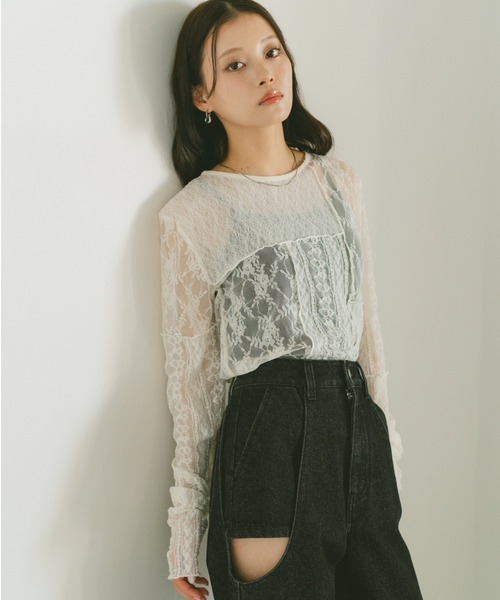 VANNIE U(ヴァニーユー)の「レースパッチワークトップス(Tシャツ/カットソー・レディース・アイボリー/ブラック・FREE)」の4枚目の写真