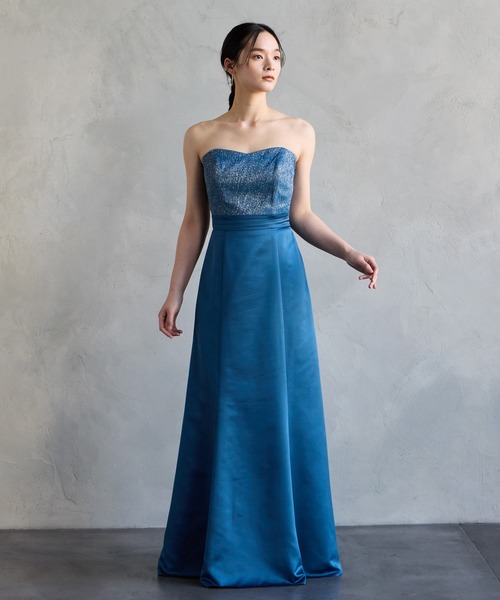 p*a様 AIMER エメ 演奏会 水色 ストラップレス ロングドレス セール】【WEB限定】演奏会用2WAYラメニット×サテンスレンダーロング