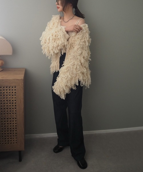 LAULEN（ローレン）の「loop knit v neck knit cardigan /ループ編み Vネック ニット カーディガン（カーディガン/ボレロ・レディース・チャコールグレー/グリーン/アイボリー・FREE）」の5枚目の写真