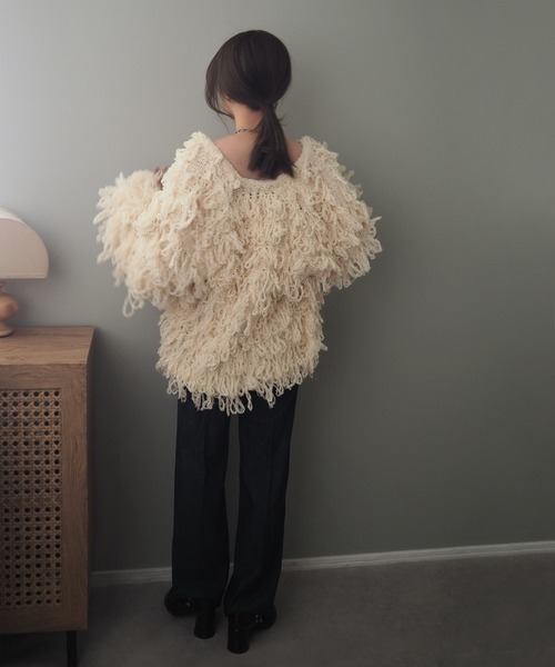 LAULEN（ローレン）の「loop knit v neck knit cardigan /ループ編み Vネック ニット カーディガン（カーディガン/ボレロ・レディース・チャコールグレー/グリーン/アイボリー・FREE）」の6枚目の写真