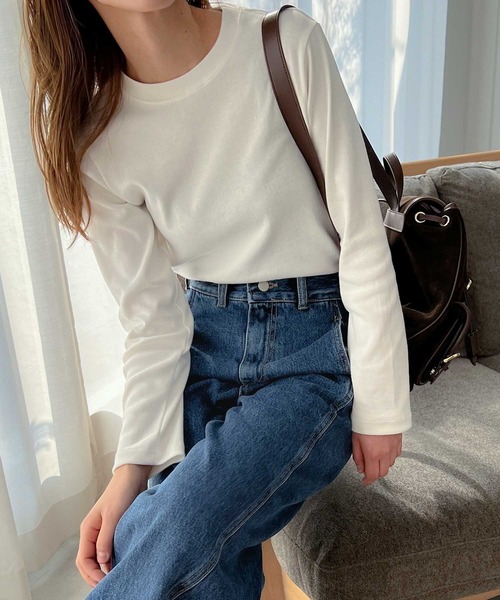 CANAL JEAN（キャナルジーン）の「HARING　クルーBASICロングTシャツ（Tシャツ/カットソー・レディース・ホワイト/ネイビー×ホワイト/グレー・ONE SIZE）」の2枚目の写真