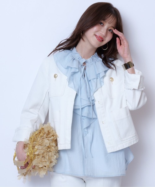 JUSGLITTY(ジャスグリッティー)の「シアーストライプラッフルブラウス(シャツ/ブラウス・レディース・ライトブルー・2/1)」の5枚目の写真