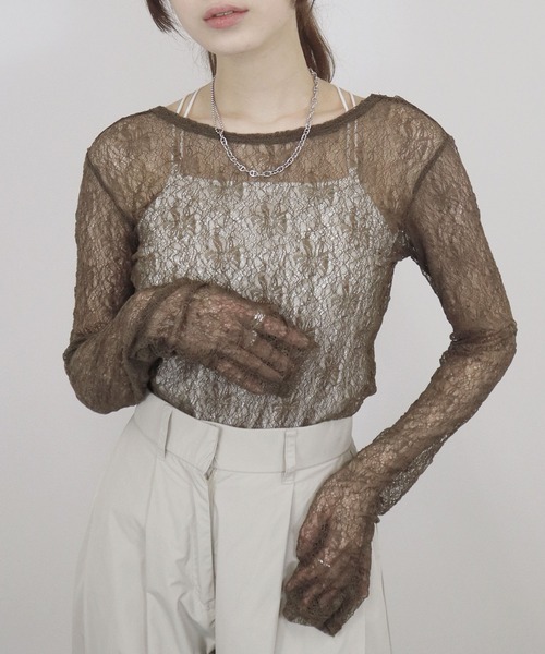 セール】【ZOZO限定】シャーリングレーストップス／shirring lace top