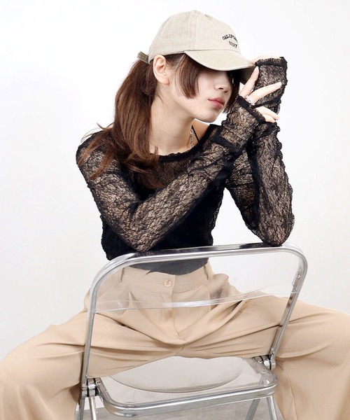 Reurie'（レウリィ）の「【ZOZO限定】シャーリングレーストップス／shirring lace top 長袖 シアー きれいめ ガーリー バレエコア 韓国ファッション インナー レイヤード 重ね着（Tシャツ/カットソー・レディース・ホワイト/ブラック/ブラウン・FREE）」の9枚目の写真