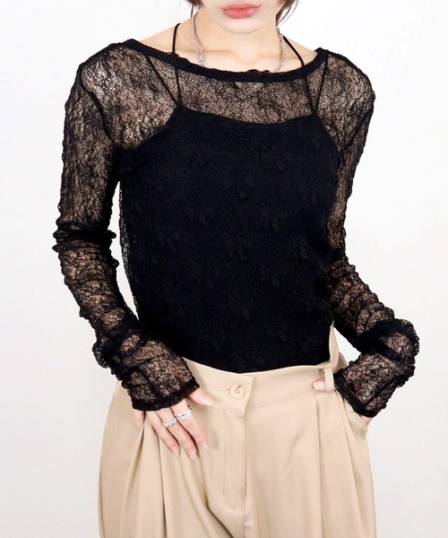Reurie'（レウリィ）の「【ZOZO限定】シャーリングレーストップス／shirring lace top 長袖 シアー きれいめ ガーリー バレエコア 韓国ファッション インナー レイヤード 重ね着（Tシャツ/カットソー・レディース・ホワイト/ブラック/ブラウン・FREE）」の16枚目の写真
