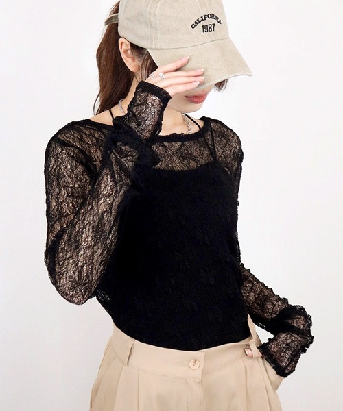 Reurie'（レウリィ）の「【ZOZO限定】シャーリングレーストップス／shirring lace top 長袖 シアー きれいめ ガーリー バレエコア 韓国ファッション インナー レイヤード 重ね着（Tシャツ/カットソー・レディース・ホワイト/ブラック/ブラウン・FREE）」の14枚目の写真