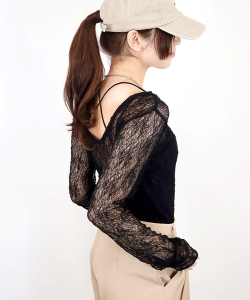Reurie'（レウリィ）の「【ZOZO限定】シャーリングレーストップス／shirring lace top 長袖 シアー きれいめ ガーリー バレエコア 韓国ファッション インナー レイヤード 重ね着（Tシャツ/カットソー・レディース・ホワイト/ブラック/ブラウン・FREE）」の12枚目の写真