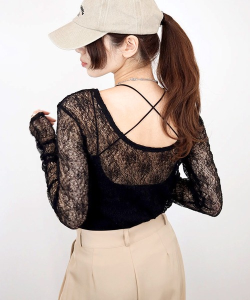 Reurie'（レウリィ）の「【ZOZO限定】シャーリングレーストップス／shirring lace top 長袖 シアー きれいめ ガーリー バレエコア 韓国ファッション インナー レイヤード 重ね着（Tシャツ/カットソー・レディース・ホワイト/ブラック/ブラウン・FREE）」の13枚目の写真