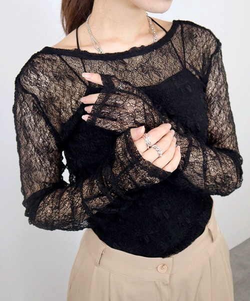 Reurie'（レウリィ）の「【ZOZO限定】シャーリングレーストップス／shirring lace top 長袖 シアー きれいめ ガーリー バレエコア 韓国ファッション インナー レイヤード 重ね着（Tシャツ/カットソー・レディース・ホワイト/ブラック/ブラウン・FREE）」の7枚目の写真