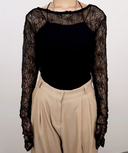 Reurie'（レウリィ）の「【ZOZO限定】シャーリングレーストップス／shirring lace top 長袖 シアー きれいめ ガーリー バレエコア 韓国ファッション インナー レイヤード 重ね着（Tシャツ/カットソー・レディース・ホワイト/ブラック/ブラウン・FREE）」の6枚目の写真