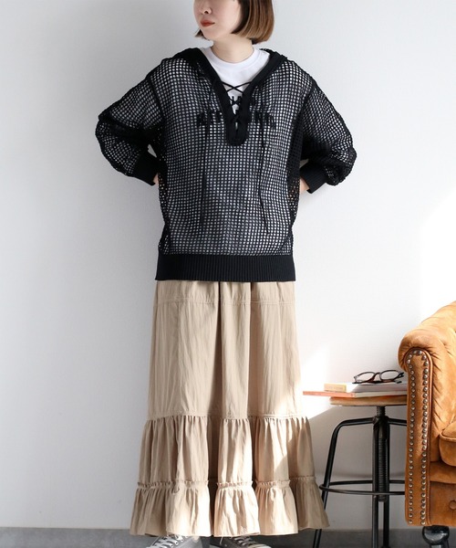 cepo(セポ)の「透かし編みパーカープルオーバー(パーカー・レディース・ブラック/オフホワイト/ブラウン・M)」の2枚目の写真