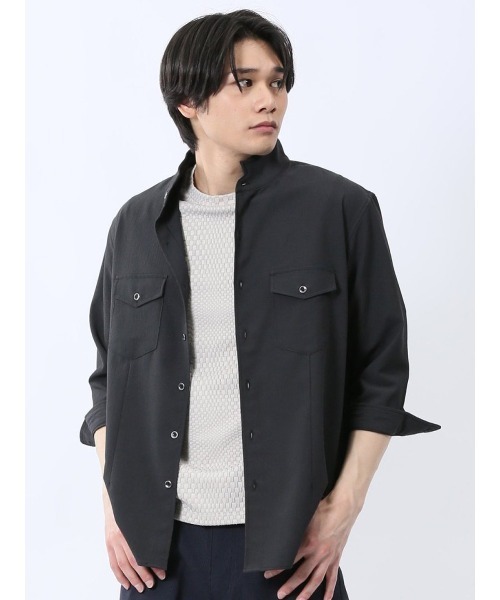 renoma（レノマ）の「シャツ メンズ 7分袖 ストレッチ 楊柳 スタンドカラー ややゆったり ルーズフィット （シャツ/ブラウス・メンズ・ホワイト/ブラック・MEDIUM/LARGE/X-LARGE）」の2枚目の写真