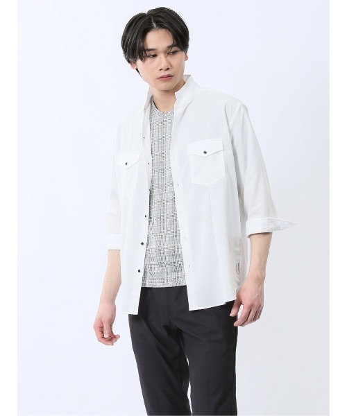 renoma（レノマ）の「シャツ メンズ 7分袖 ストレッチ 楊柳 スタンドカラー ややゆったり ルーズフィット （シャツ/ブラウス・メンズ・ホワイト/ブラック・MEDIUM/LARGE/X-LARGE）」の7枚目の写真