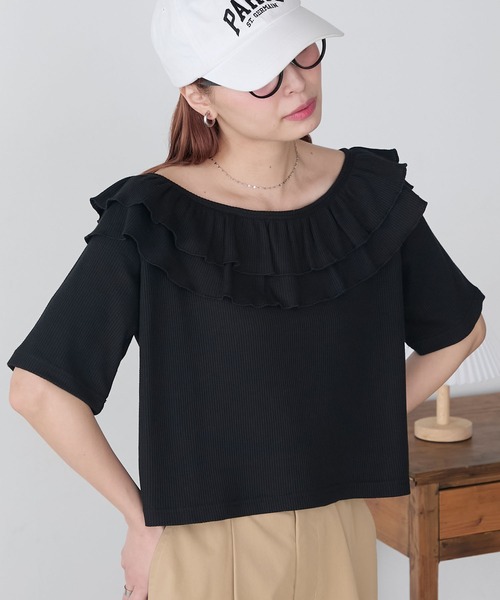BONLECILL（ボンルシール）の「2WayサーマルフリルT（Tシャツ/カットソー・レディース・ブラック系1/グレー系1/アイボリー/ブラック/ホワイト×ブラック・FREE）」の4枚目の写真
