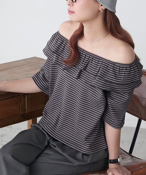 BONLECILL（ボンルシール）の「2WayサーマルフリルT（Tシャツ/カットソー・レディース・ブラック系1/グレー系1/アイボリー/ブラック/ホワイト×ブラック・FREE）」の8枚目の写真