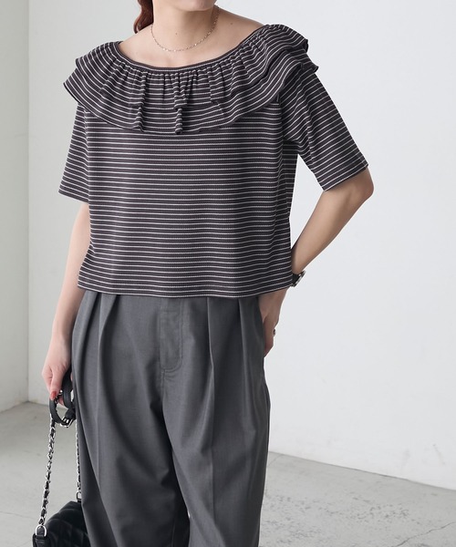 BONLECILL（ボンルシール）の「2WayサーマルフリルT（Tシャツ/カットソー・レディース・ブラック系1/グレー系1/アイボリー/ブラック/ホワイト×ブラック・FREE）」の9枚目の写真