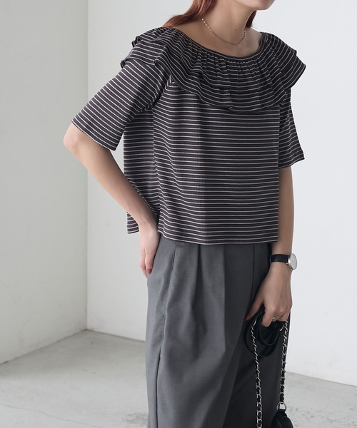 BONLECILL（ボンルシール）の「2WayサーマルフリルT（Tシャツ/カットソー・レディース・ブラック系1/グレー系1/アイボリー/ブラック/ホワイト×ブラック・FREE）」の10枚目の写真