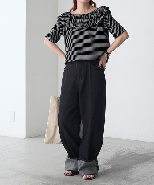 BONLECILL（ボンルシール）の「2WayサーマルフリルT（Tシャツ/カットソー・レディース・ブラック系1/グレー系1/アイボリー/ブラック/ホワイト×ブラック・FREE）」の6枚目の写真