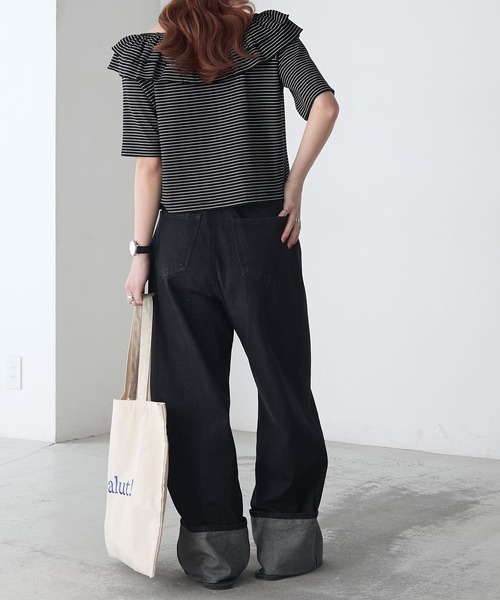 BONLECILL（ボンルシール）の「2WayサーマルフリルT（Tシャツ/カットソー・レディース・ブラック系1/グレー系1/アイボリー/ブラック/ホワイト×ブラック・FREE）」の7枚目の写真