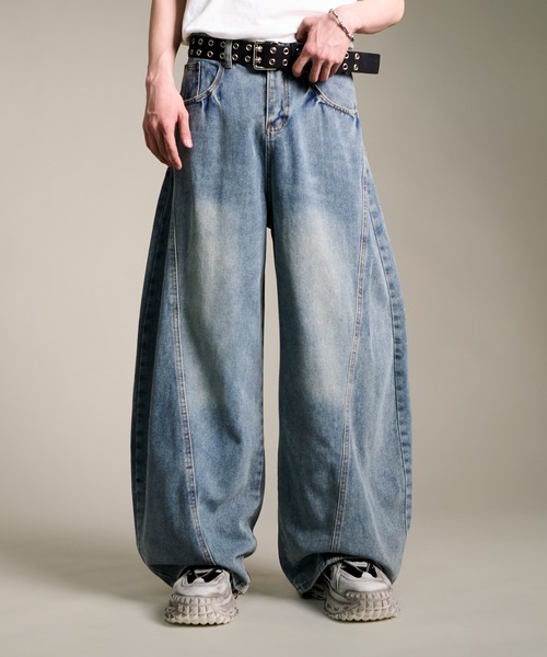 膝 カットアウト バックル ワイドレッグ デニム パンツ i2130 セール】4D46 BARREL LEG JEANS 斜めステッチ ワイド バレル