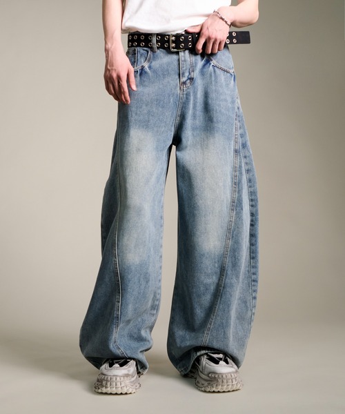 グリッターのポケット付きカジュアルルーズワイドレッグデニムジーンズ （匿名配送） セール】4D46 BARREL LEG JEANS 斜めステッチ ワイド バレル