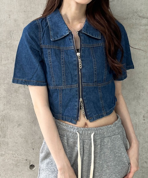 ディーゼル　♡ メタルロゴ　デニム風　トップス セール】ダブルZIPクロップド丈デニム半袖シャツ（シャツ