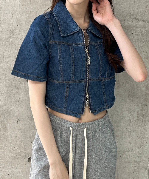 セール】ダブルZIPクロップド丈デニム半袖シャツ（シャツ