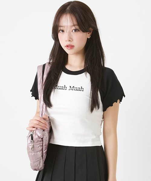 muahmuah(ムーアムーア)の「A'GEM/9 × .kom 『muah muah/ムーアムーア』STITCH RAGLAN FRILL HALF T-Shirt ステッチラグラン フリルハーフ Tシャツ(Tシャツ/カットソー・レディース・グレー/ホワイト/ピンク・FREE)」の4枚目の写真