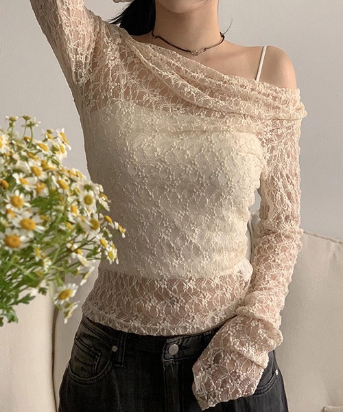 HALEY PESCA（ヘーリーペスカ）の「HALEY PESCA/ワンショルダー　シースルーレーストップス（Tシャツ/カットソー・レディース・ホワイト・LARGE/MEDIUM/SMALL）」の3枚目の写真