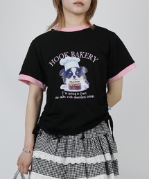 【HOOK】for girls 裾シャーリングレトロわんちゃんプリントリンガーTEE (SS)