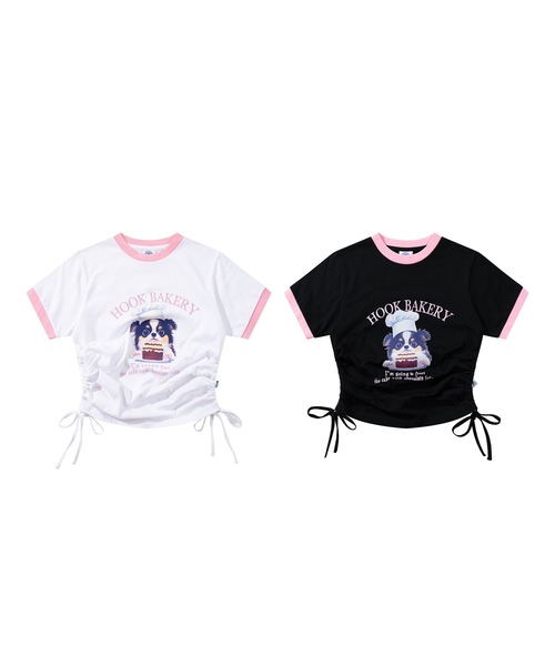 HOOK(フック)の「【HOOK】for girls 裾シャーリングレトロわんちゃんプリントリンガーTEE (SS)(Tシャツ/カットソー・レディース・ブラック/ホワイト・LARGE/SMALL/MEDIUM)」の3枚目の写真