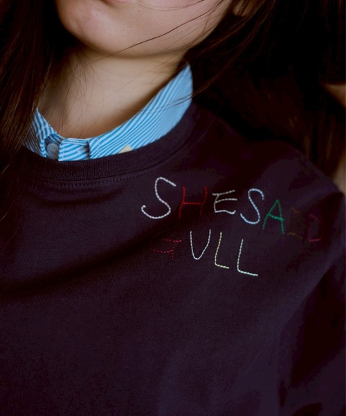 common gull products.(コモンガルプロダクツ)の「shesaidthat×common gull products. こんにちは、コーヒーでもどうですか?” stitch tee ”(Tシャツ/カットソー・レディース・ホワイト系/ネイビー/ピンク系/サックスブルー系・SMALL/LARGE/MEDIUM)」の13枚目の写真