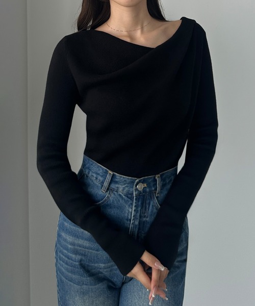 Louere（ルエレ）の「薄手ドレープリブニットトップス（ニット/セーター・レディース・ブラック/アイボリー/ブラウン/ネイビー/チャコール・SMALL/LARGE/MEDIUM）」の8枚目の写真