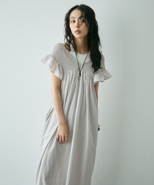 [I AM MARI] エトピーシフォンシャーリングタイワンピース 送料無料】アイアムマリ【I AM MARI】Etpee Chiffon Shirred Tie