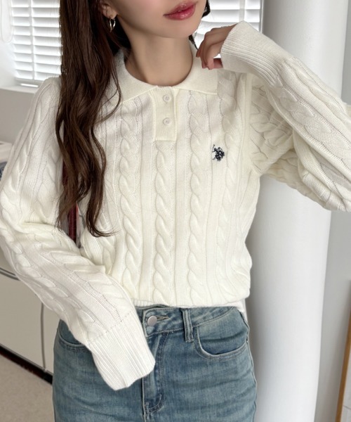 U.S. POLO ASSN.（ユーエスポロアッスン）の「【Ada.別注 U.S. POLO ASSN】ケーブル 長袖 ニット ポロシャツ（ニット/セーター・レディース・ホワイト/ネイビー/ブラック・M/L）」の18枚目の写真