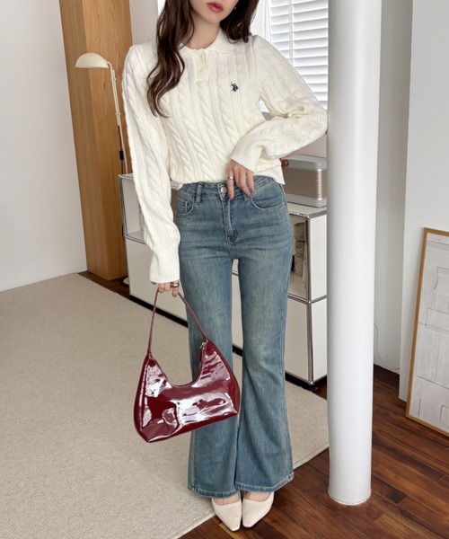 U.S. POLO ASSN.（ユーエスポロアッスン）の「【Ada.別注 U.S. POLO ASSN】ケーブル 長袖 ニット ポロシャツ（ニット/セーター・レディース・ホワイト/ネイビー/ブラック・M/L）」の7枚目の写真