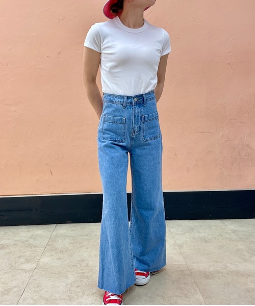 ISOOK（アイスー）の「フロントポケットハイウエストフレアデニム(comochi select) / ジーンズ フレアデニム デザインデニム フレアパンツ ジーパン ハイウエスト ロング インディゴ ライトブルー ブルー 青（デニムパンツ・レディース・ライトブルー/ブルー・S/M）」の11枚目の写真