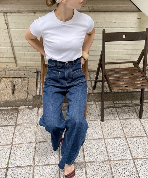 ISOOK（アイスー）の「フロントポケットハイウエストフレアデニム(comochi select) / ジーンズ フレアデニム デザインデニム フレアパンツ ジーパン ハイウエスト ロング インディゴ ライトブルー ブルー 青（デニムパンツ・レディース・ライトブルー/ブルー・S/M）」の7枚目の写真