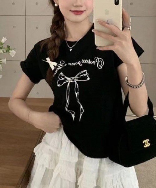 Per sist ence(パーシエンス)の「リボンプリントTシャツ(Tシャツ/カットソー・レディース・グレー/ブラック/ホワイト・ONE SIZE)」の11枚目の写真
