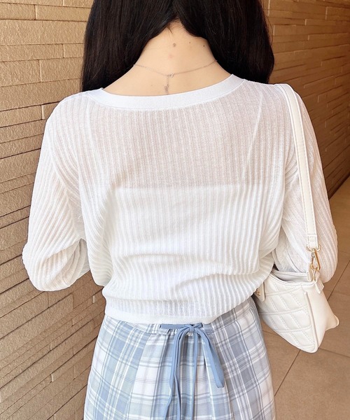 INGNI（イング）の「リボンボタンシアーニットカーディガン（カーディガン/ボレロ・レディース・ブラック/サックスブルー/オフホワイト・M）」の6枚目の写真