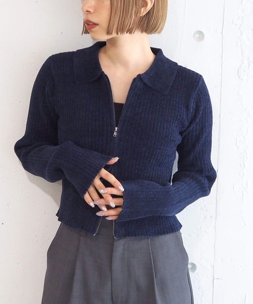 tiptop（ティップトップ）の「ベロア調ダブルジップカーディガン（カーディガン/ボレロ・レディース・チャコールグレー/アイボリー/ネイビー/ボルドー・FREE）」の5枚目の写真