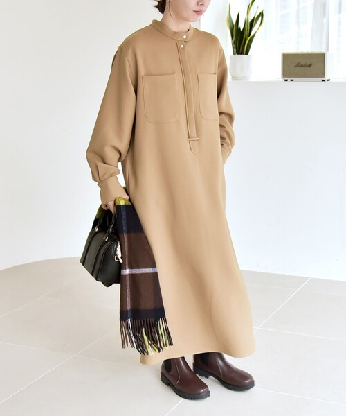 美品　BEIGE シャツ　ワンピース　ポケット　ブラウン　ウール　日本製 quaranciel:〈洗濯機可能〉ダブルクロス スタンドカラー ポケット