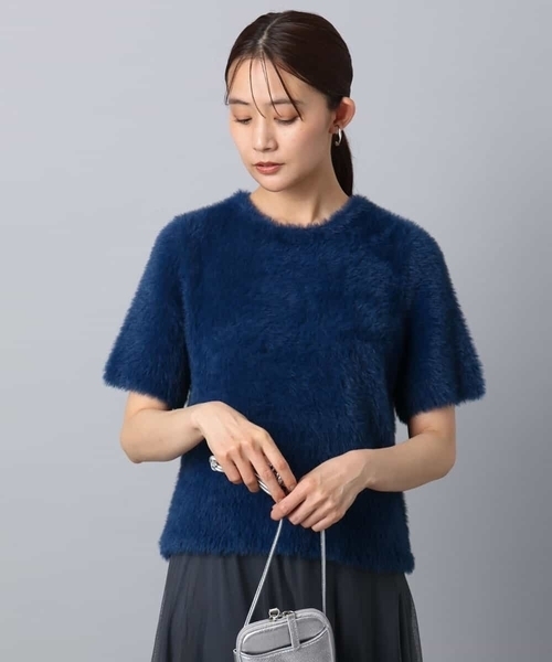MK MICHEL KLEIN(エムケーミッシェルクラン)の「半袖シャギーニット/洗える(ニット/セーター・レディース・ブルー/ベージュ/ミント・38)」の1枚目の写真