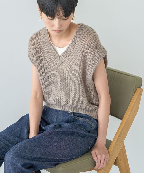 45rpm ハンドニット　ベスト　茶色 サイドオープンニットベスト（ベスト）｜aimoha（アイモハ）の